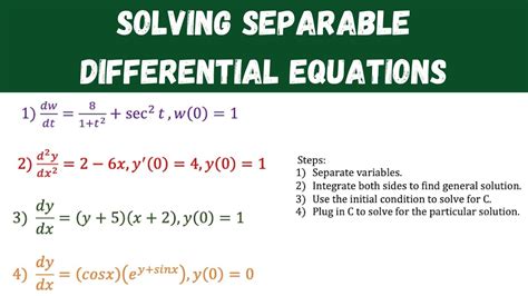 Answer. The strategy of Example 7.4.1 may be applied to any differential equation of the form dy dt = g(y) ⋅ h(t), and any differential equation of this form is said to be separable. We work to solve a separable differential equation by writing. 1 g(y)dy dt = h(t), and then integrating both sides with respect to t.